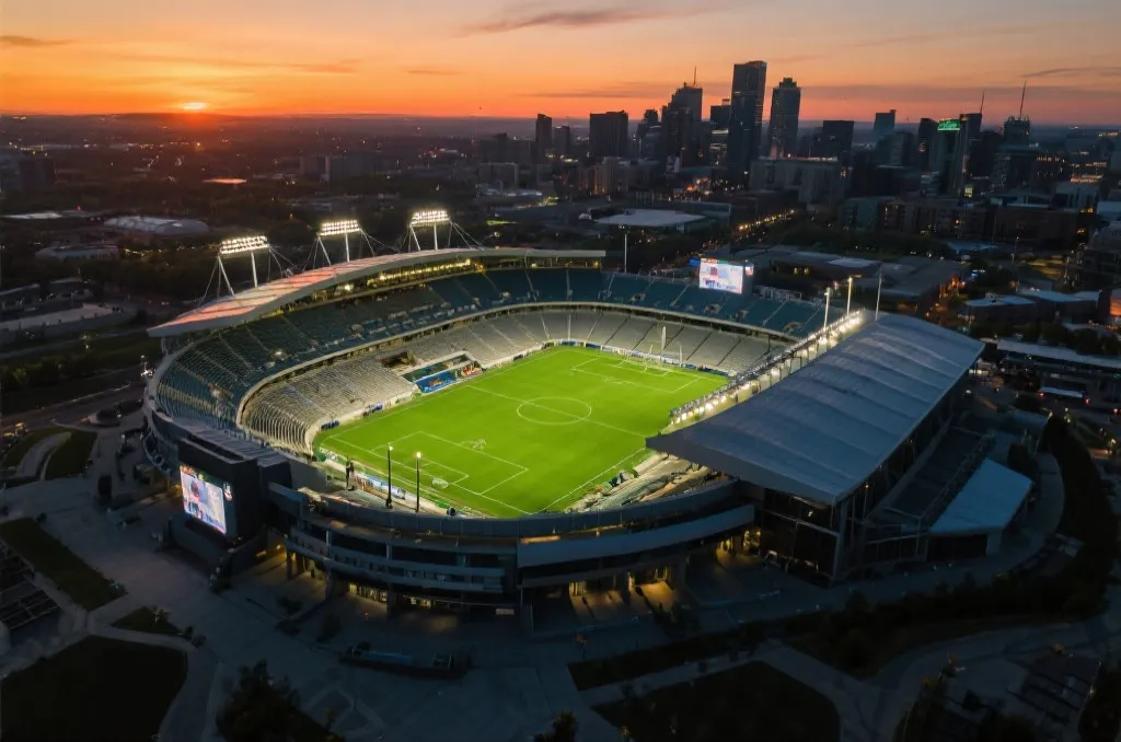 A modern massive sports stadium in North America under a beautiful sunset sky, generic and unbranded
